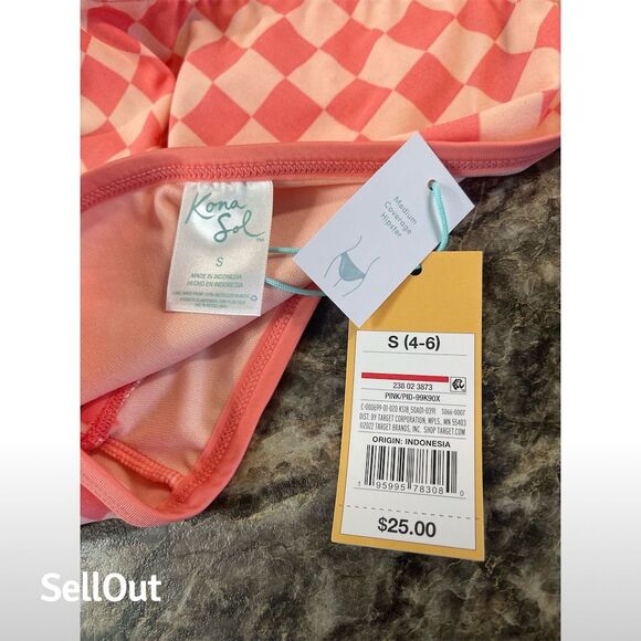 Kona Sol Women's Pink Checkered Hipster Bikini Bottom Size S - Picture 5 of 5